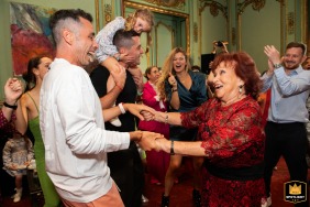 The photographer captures wedding guests dancing during a reception at the Alzaga Unzué Mansion in Buenos Aires, Argentina.